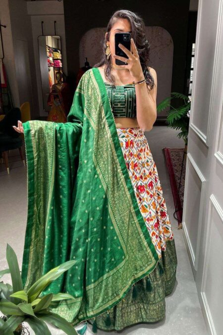 Women's Tussar Silk Patola Print Lehenga Choli Dupatta Set