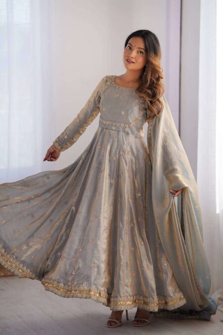 Women's Fandy Silk Coding with Sequnce work Long Anarkali Kurti Gown With Dupatta